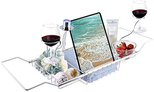 GOTOTOP Stainless Steel Tub Shampoo Bath Caddy Bathtub Caddy Tray, Stainless Steel Bathroom Bath Tub Table Caddy Tray Shelf with Extending Sides and Removable Wine Glass Book Holder Bath Organizer