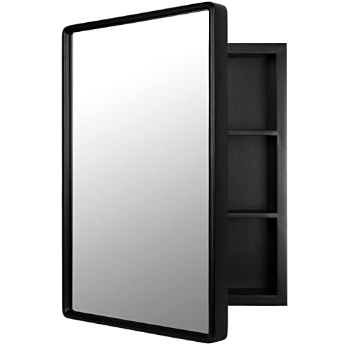 Medicine Cabinet Bathroom Mirror, 24''x16'' Farmhouse Wood Frame Bathroom Medicine Cabinet with Mirror, Vanity Mirrors Recess or Surface Mounted Installation (Black)