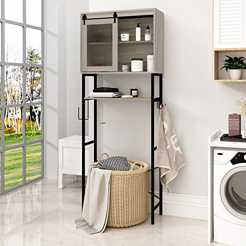 AZODY Over The Toilet Storage Cabinet, Over The Toilet Storage with Adjustable Shelves and Sliding Door, Freestanding Bathroom Organizer Over Toilet for Bathroom, Grey