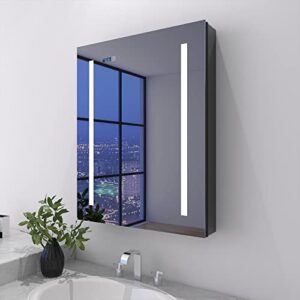 fralimk recessed or surface led medicine cabinet, lighted mirror cabinet with lights, 24x30 in bathroom wall cabinet with defogger, dimmer, date/time & room temp display, 3x makeup mirror, outlets