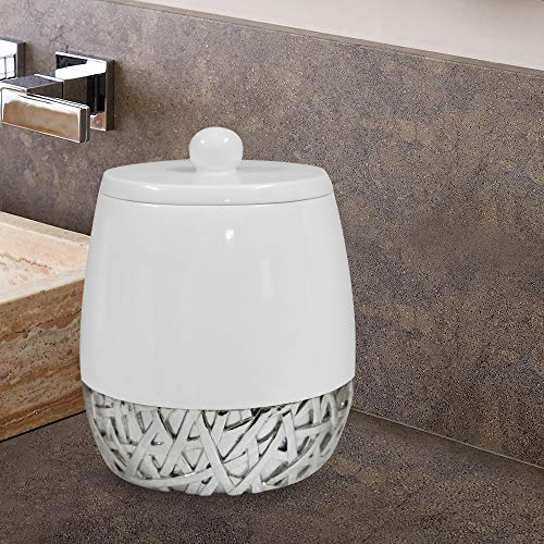 nu steel Bali Canister Jar with Lid for Cosmetics and Makeup Storage, Bathroom, Countertop, Desk, and Vanity, Resin, White/Chrome