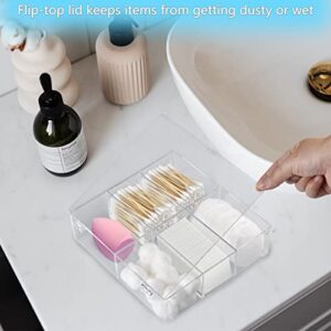 MYITYARD Qtip Holder, 6 Compartments Cotton Ball and Swab and Pad Dispenser with Lid, Clear Plastic Q-tip Storage Organizer for Bathroom Vanity Bedroom Dressing Countertop