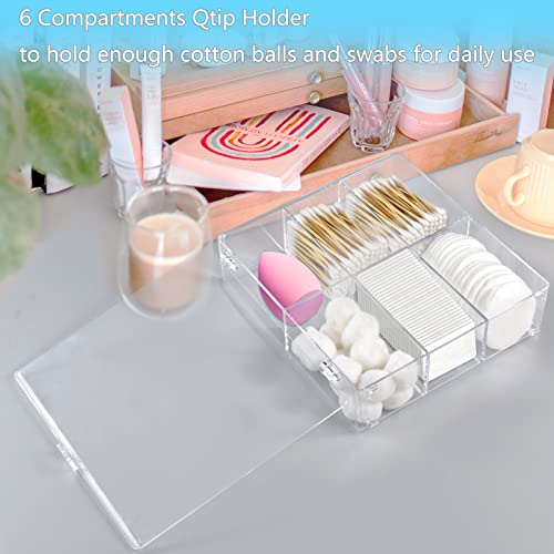 MYITYARD Qtip Holder, 6 Compartments Cotton Ball and Swab and Pad Dispenser with Lid, Clear Plastic Q-tip Storage Organizer for Bathroom Vanity Bedroom Dressing Countertop