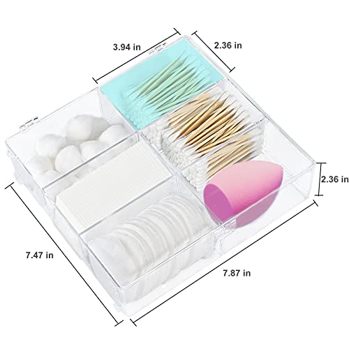 MYITYARD Qtip Holder, 6 Compartments Cotton Ball and Swab and Pad Dispenser with Lid, Clear Plastic Q-tip Storage Organizer for Bathroom Vanity Bedroom Dressing Countertop