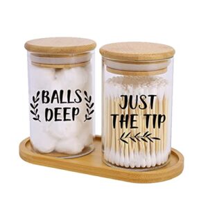 glass qtip holder and cotton ball holder set with bamboo tray, apothecary jars with lids for bathroom organization, clear farmhouse bathroom dispenser canisters organizer for swabs pads balls jewelry