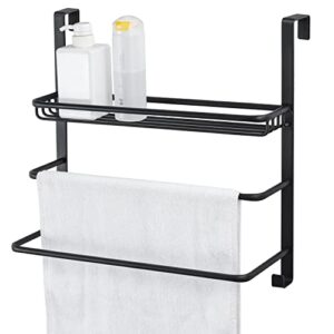 mygift 3 tier black metal over the door towel rack and bathroom accessories and toiletries storage basket with 2 hanger hooks