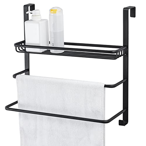 MyGift 3 Tier Black Metal Over The Door Towel Rack and Bathroom Accessories and Toiletries Storage Basket with 2 Hanger Hooks