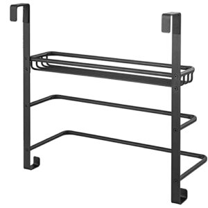 MyGift 3 Tier Black Metal Over The Door Towel Rack and Bathroom Accessories and Toiletries Storage Basket with 2 Hanger Hooks