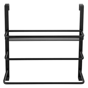 MyGift 3 Tier Black Metal Over The Door Towel Rack and Bathroom Accessories and Toiletries Storage Basket with 2 Hanger Hooks