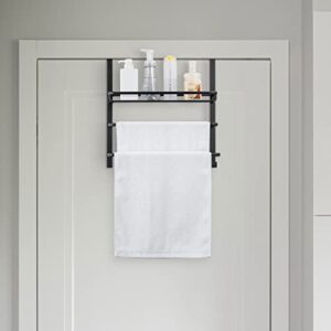 MyGift 3 Tier Black Metal Over The Door Towel Rack and Bathroom Accessories and Toiletries Storage Basket with 2 Hanger Hooks