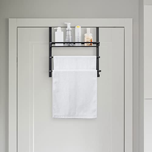 MyGift 3 Tier Black Metal Over The Door Towel Rack and Bathroom Accessories and Toiletries Storage Basket with 2 Hanger Hooks