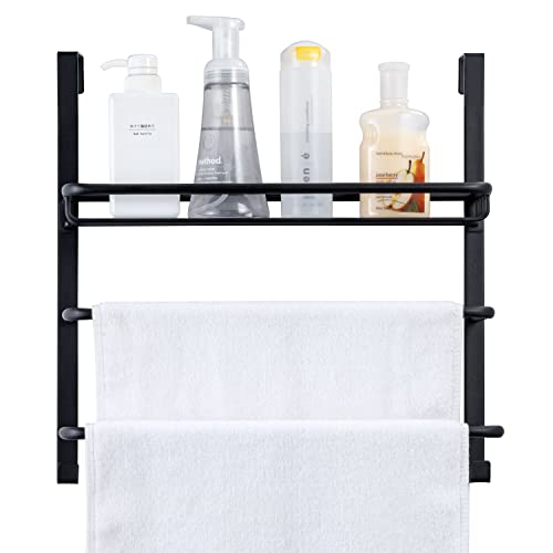 MyGift 3 Tier Black Metal Over The Door Towel Rack and Bathroom Accessories and Toiletries Storage Basket with 2 Hanger Hooks