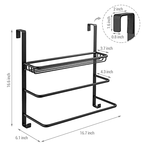 MyGift 3 Tier Black Metal Over The Door Towel Rack and Bathroom Accessories and Toiletries Storage Basket with 2 Hanger Hooks