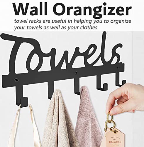 Towels Rack Hanger 5 Hooks Organizer Wall Mount Holder Black Metal Rustproof and Waterproof for Bathroom Storage Rack to Hang Your Towels Robes Clothing Black Space Saving