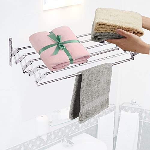 Towel Rack Wall Mounted Retractable Bathroom Towel Drying Rack, Stainless Steel Space-Saving Towel Holder with Towel Bars