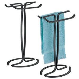 mdesign metal countertop hand towel holder - double-sided stand for bathroom and vanity hand towels and small guest towels - counter towel holder for bathroom - spira collection, 2 pack, black