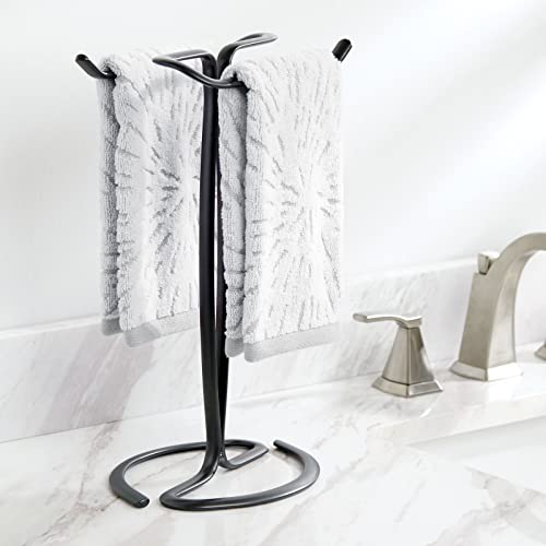 mDesign Metal Countertop Hand Towel Holder - Double-Sided Stand for Bathroom and Vanity Hand Towels and Small Guest Towels - Counter Towel Holder for Bathroom - Spira Collection, 2 Pack, Black