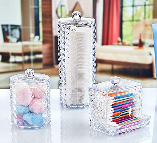 Bremen Home 3 Pack Bathroom Makeup Organizer Set, Diamond Design Acrylic Plastic Cotton Ball, Cotton Pad and Q Tip Holder-Vanity Organizer-Storage Containers