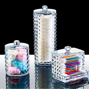 Bremen Home 3 Pack Bathroom Makeup Organizer Set, Diamond Design Acrylic Plastic Cotton Ball, Cotton Pad and Q Tip Holder-Vanity Organizer-Storage Containers