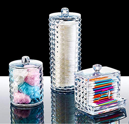 Bremen Home 3 Pack Bathroom Makeup Organizer Set, Diamond Design Acrylic Plastic Cotton Ball, Cotton Pad and Q Tip Holder-Vanity Organizer-Storage Containers