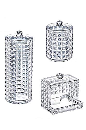 Bremen Home 3 Pack Bathroom Makeup Organizer Set, Diamond Design Acrylic Plastic Cotton Ball, Cotton Pad and Q Tip Holder-Vanity Organizer-Storage Containers