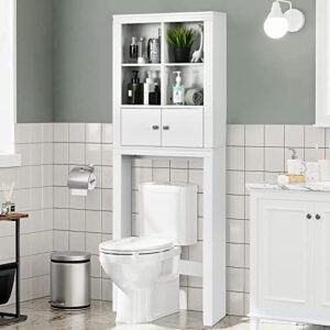 Tangkula Over The Toilet Storage Cabinet, Bathroom Space Saver Organizer w/4 Open Shelves, 2-Door Cabinet & Adjustable Shelves, Above Toilet Stand w/Anti-Tilt Device, Freestanding Toilet Rack (White)