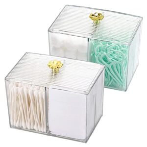 2pcs 2 slot qtip holder jar, plastic cotton swab dispenser box with lid qtip storage box for bathroom home storage organizer(black,gold)