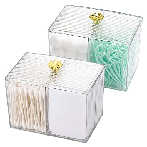 2PCS 2 Slot Qtip Holder Jar, Plastic Cotton Swab Dispenser Box with Lid Qtip Storage Box for Bathroom Home Storage Organizer(Black,Gold)