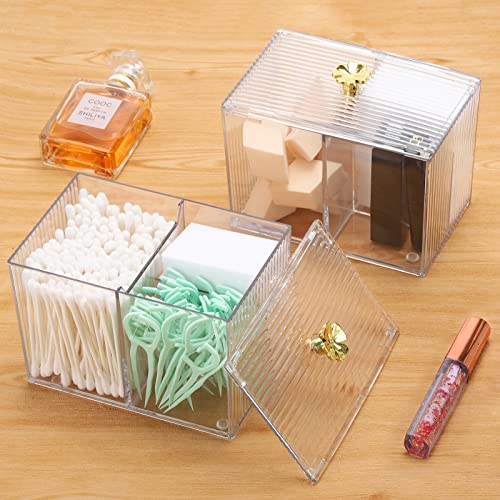 2PCS 2 Slot Qtip Holder Jar, Plastic Cotton Swab Dispenser Box with Lid Qtip Storage Box for Bathroom Home Storage Organizer(Black,Gold)