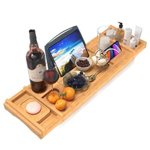 luxury bamboo bathtub caddy tray, 1-2 person spa bath and bed time, adjustable bathroom bath tub organizer with extending sides wine glass holder book or tablet stand, gift bath accessories for women