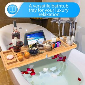 Luxury Bamboo Bathtub Caddy Tray, 1-2 Person SPA Bath and Bed Time, Adjustable Bathroom Bath Tub Organizer with Extending Sides Wine Glass Holder Book or Tablet Stand, Gift Bath Accessories for Women