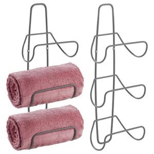 mdesign metal wall mount 3 level bathroom towel rack holder & organizer - for storage of washcloths, hand towels - use in guest, master, kid's bathrooms - 2 pack - graphite gray