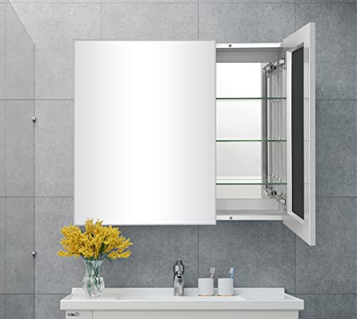 FOMAYKO Aluminum Bathroom Medicine Cabinet with Farmhouse Silver Metal Framed 30(H) x26(W) Inches Double Door Recess or Surface Mount Mirror Cabinet for Bathroom Toilet Kitchen