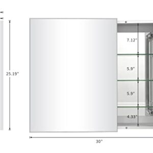 FOMAYKO Aluminum Bathroom Medicine Cabinet with Farmhouse Silver Metal Framed 30(H) x26(W) Inches Double Door Recess or Surface Mount Mirror Cabinet for Bathroom Toilet Kitchen