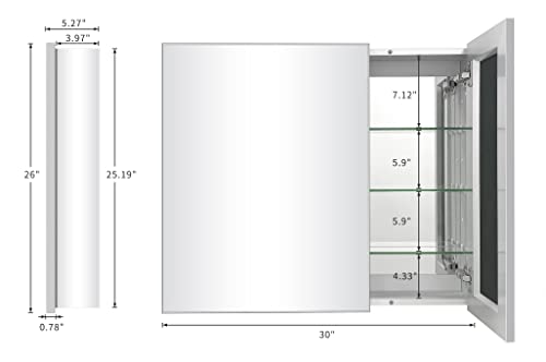 FOMAYKO Aluminum Bathroom Medicine Cabinet with Farmhouse Silver Metal Framed 30(H) x26(W) Inches Double Door Recess or Surface Mount Mirror Cabinet for Bathroom Toilet Kitchen