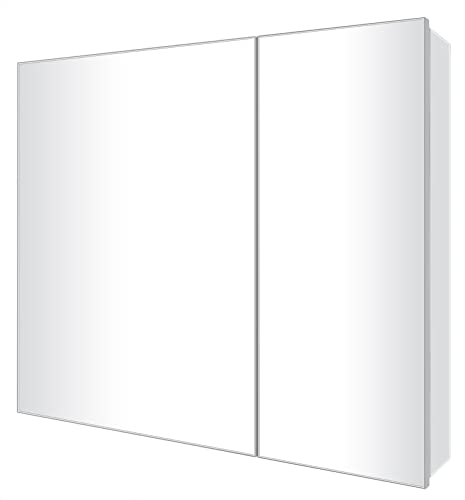 FOMAYKO Aluminum Bathroom Medicine Cabinet with Farmhouse Silver Metal Framed 30(H) x26(W) Inches Double Door Recess or Surface Mount Mirror Cabinet for Bathroom Toilet Kitchen