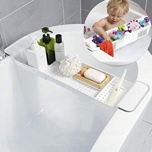 Expandable Bathtub Tray Drain Bath Caddy Tray Retractable Bath Caddy Tray Bathtub Storage Rack with Wine Glass Shelf Book Holder Candlestick Handle Dish Drain Rack