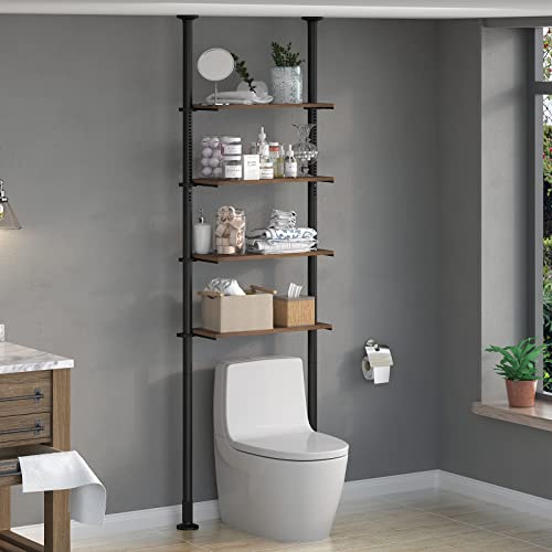 innotic Over The Toilet Storage, 4-Tier Adjustable Wooden Bathroom Organizer Shelves, 99 to 118 Inch Tall, Load Capacity 44 lb per Tier, Space Saver, Anti-Slip, Easy to Assemble, Vintage Brown