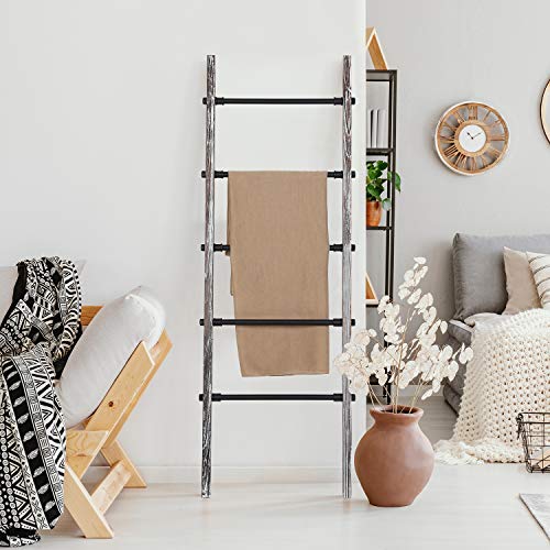 MyGift Urban Rustic Torched Wood Blanket Ladder Decor with 5 Industrial Metal Rungs, 5 Foot Wall Leaning Towel Storage Rack