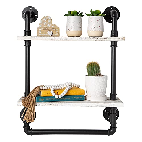 Industrial Bathroom Shelf w/Pipe Towel Bar – Farmhouse Towel Rack Made of Paulownia Wood and Cast Iron, Pipe Rack in Black Matte – Wall Mount Hand Towel Holder for Rustic Décor w/ 2-Tier Shelf