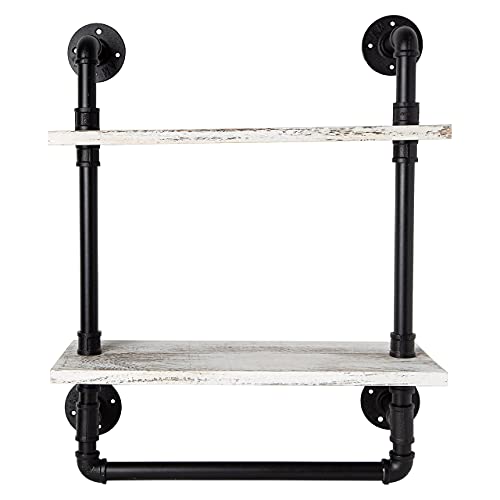 Industrial Bathroom Shelf w/Pipe Towel Bar – Farmhouse Towel Rack Made of Paulownia Wood and Cast Iron, Pipe Rack in Black Matte – Wall Mount Hand Towel Holder for Rustic Décor w/ 2-Tier Shelf