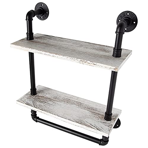 Industrial Bathroom Shelf w/Pipe Towel Bar – Farmhouse Towel Rack Made of Paulownia Wood and Cast Iron, Pipe Rack in Black Matte – Wall Mount Hand Towel Holder for Rustic Décor w/ 2-Tier Shelf