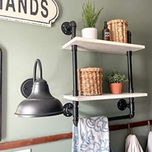 Industrial Bathroom Shelf w/Pipe Towel Bar – Farmhouse Towel Rack Made of Paulownia Wood and Cast Iron, Pipe Rack in Black Matte – Wall Mount Hand Towel Holder for Rustic Décor w/ 2-Tier Shelf