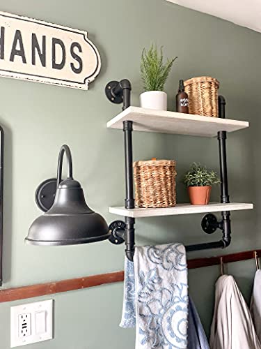 Industrial Bathroom Shelf w/Pipe Towel Bar – Farmhouse Towel Rack Made of Paulownia Wood and Cast Iron, Pipe Rack in Black Matte – Wall Mount Hand Towel Holder for Rustic Décor w/ 2-Tier Shelf