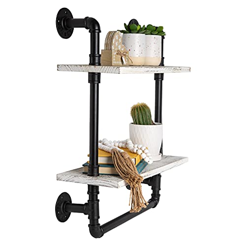 Industrial Bathroom Shelf w/Pipe Towel Bar – Farmhouse Towel Rack Made of Paulownia Wood and Cast Iron, Pipe Rack in Black Matte – Wall Mount Hand Towel Holder for Rustic Décor w/ 2-Tier Shelf