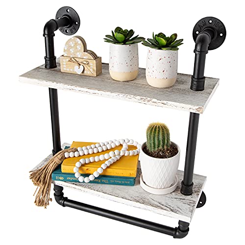 Industrial Bathroom Shelf w/Pipe Towel Bar – Farmhouse Towel Rack Made of Paulownia Wood and Cast Iron, Pipe Rack in Black Matte – Wall Mount Hand Towel Holder for Rustic Décor w/ 2-Tier Shelf