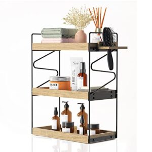 nidouillet 3 tier bathroom counter organizer, wood countertop organizer standing shelf skincare vanity organizer cosmetic holder with sink tray comb storage for kitchen coffee station bedroom brown