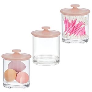 mdesign small modern apothecary storage organizer canister jars - acrylic containers for bathroom, organization holder for vanity, counter, makeup table, lumiere collection, 3 pack, clear/light pink