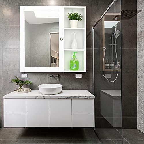 SSLine Modern White Bathroom Wall Cabinet with Mirror Door Wooden Medicine Cabinet Wall-Mounted Kitchen Storage Cabinets Space Saving Organizer with Open Shelves (D Type)