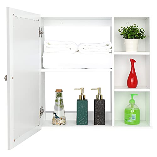 SSLine Modern White Bathroom Wall Cabinet with Mirror Door Wooden Medicine Cabinet Wall-Mounted Kitchen Storage Cabinets Space Saving Organizer with Open Shelves (D Type)